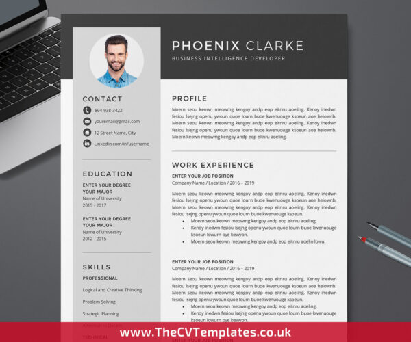 www.thecvtemplates.co.uk - resume template design, cv template design, resume template word, cv template word, professional resume template, modern resume template, simple resume template, creative resume template, student resume template, editable resume template, cover letter template, references template, 1 page cv template, 2 page cv template, 3 page cv template, instant download, Phoenix cv template