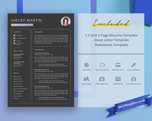 www.thecvtemplates.co.uk - resume template design, cv template design, resume template word, cv template word, black resume template, professional resume template, modern resume template, simple resume template, creative resume template, student resume template, editable resume template, cover letter template, references template, 1 page cv template, 2 page cv template, 3 page cv template, instant download, Shelby resume