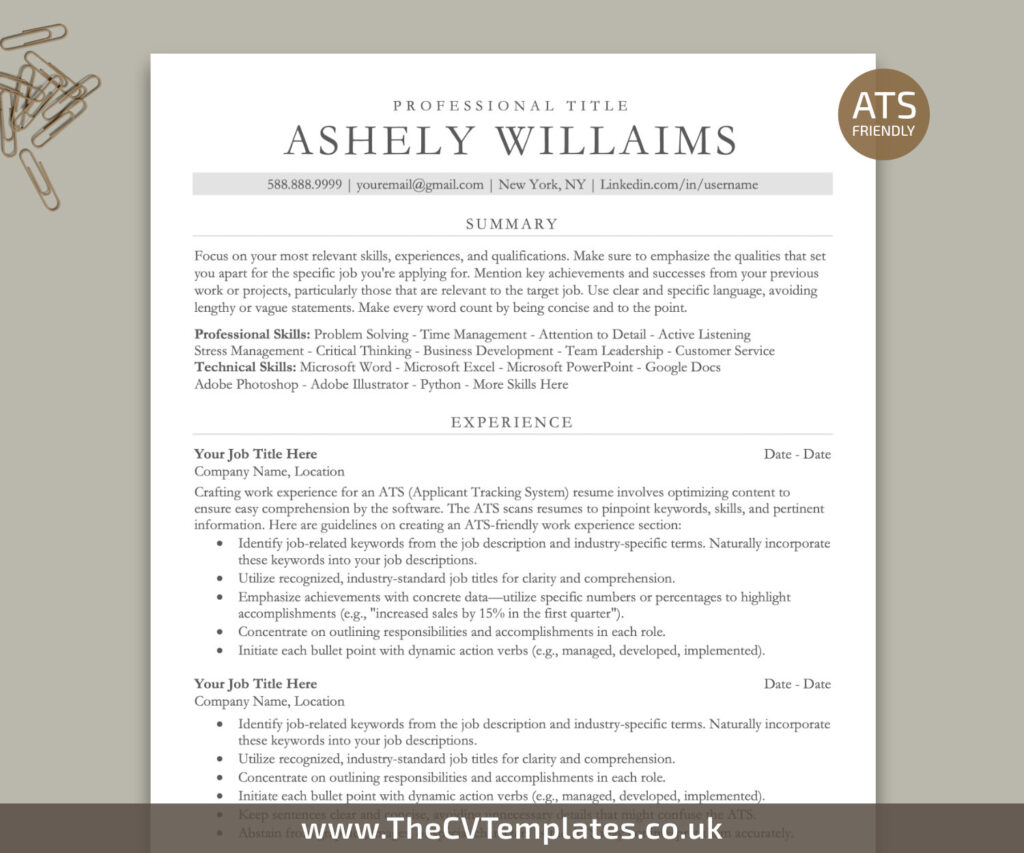 ATS Friendly Resume Template for MS Word, ATS CV Template, Clean and