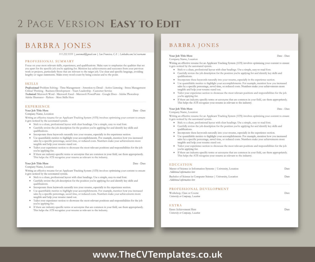 ATS Friendly Resume Template for MS Word, ATS CV Template, Clean and ...