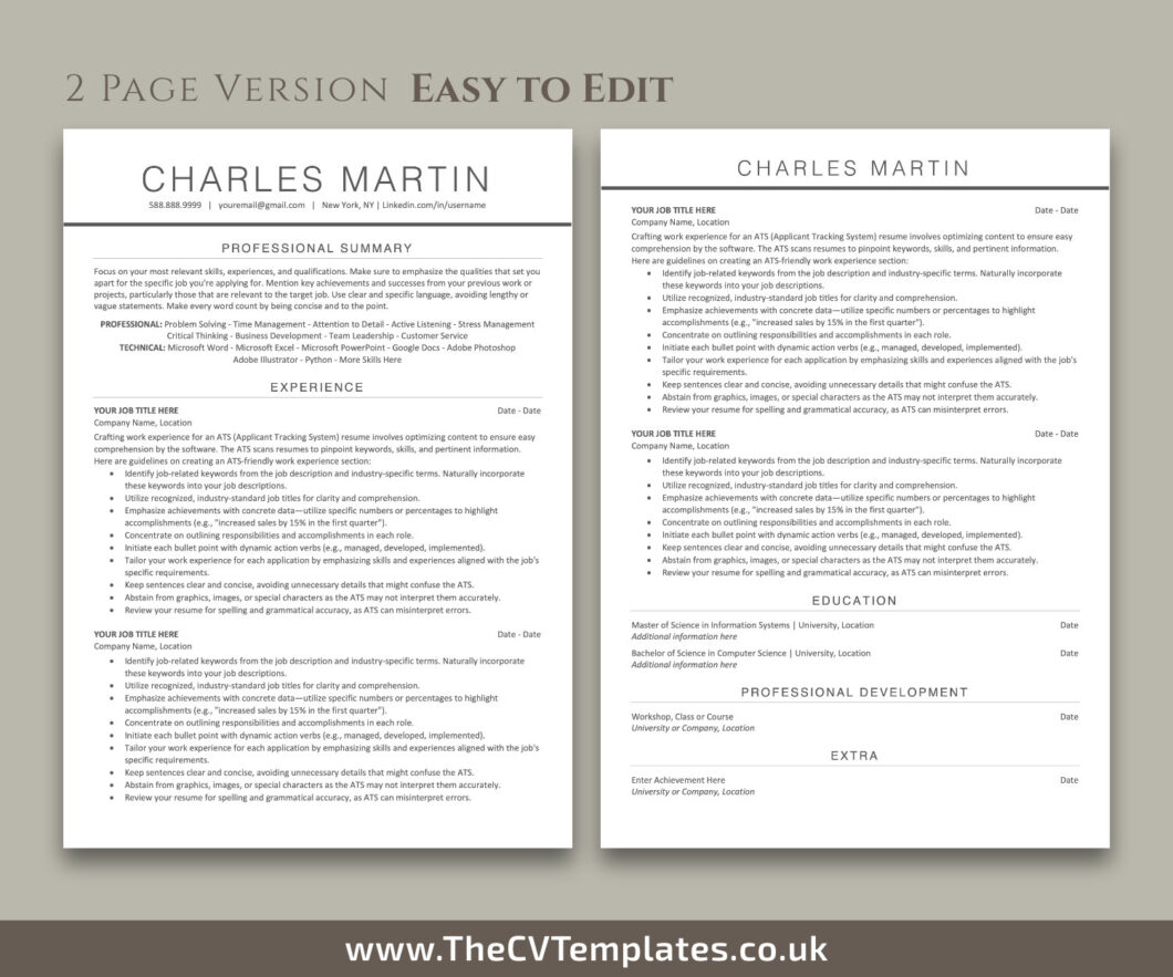 ATS Friendly Resume Template for MS Word, ATS CV Template, Clean and ...