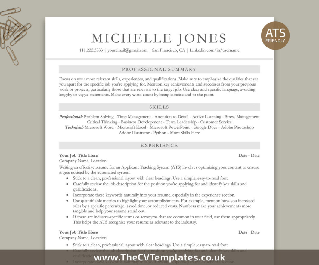 College Student CV Templates - Www.thecvtemplates.co .uk ATS Friendly CV Template For MS Word MICHELLE 01 1060x883 