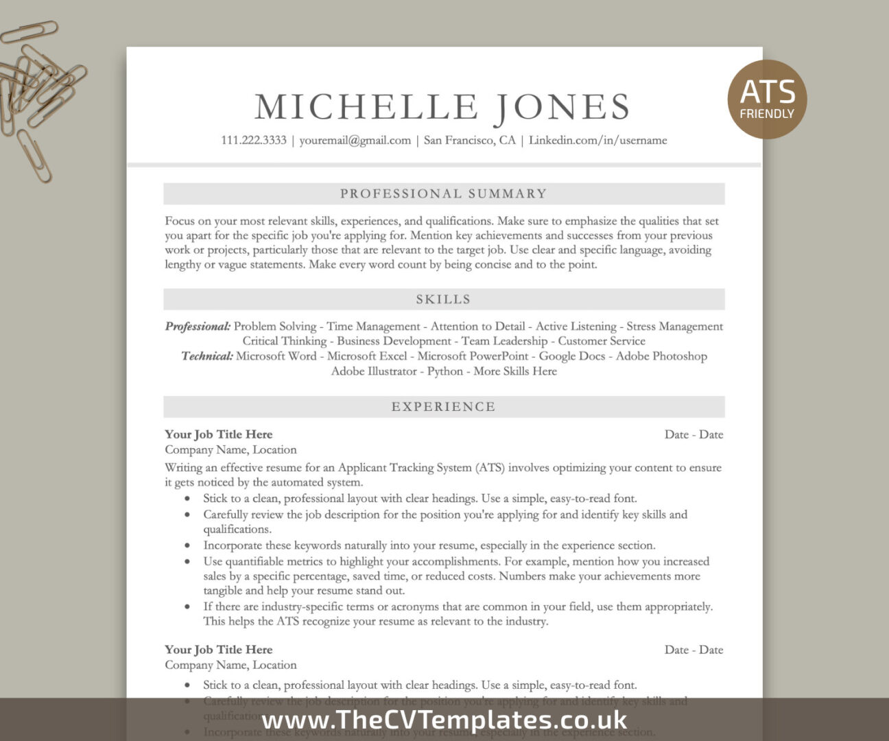 College Student CV Templates - Www.thecvtemplates.co .uk ATS Friendly CV Template For MS Word MICHELLE 01 1296x1080 