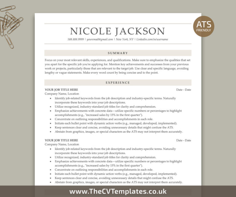 ATS Friendly Resume Template for MS Word, ATS CV Template, Clean and ...